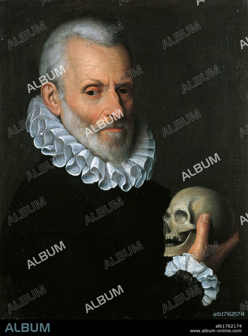 Portrait of a Doctor (probably Ludovico Settala), by Fede Galizia, 1600-1610 about, 17th Century, oil on canvas, cm 54 x 42. Italy, Lombardy, Milan, Private Collection. All. Doctor half length portrayed, on three quarter. He holds a skull, memento mori, symbol of the vanitas, but also of the healer profession. He wears a black suit with white ruff and cuffs highlighted by the light. Beard and hairs are white and well trim. Light blue veins at the temples.