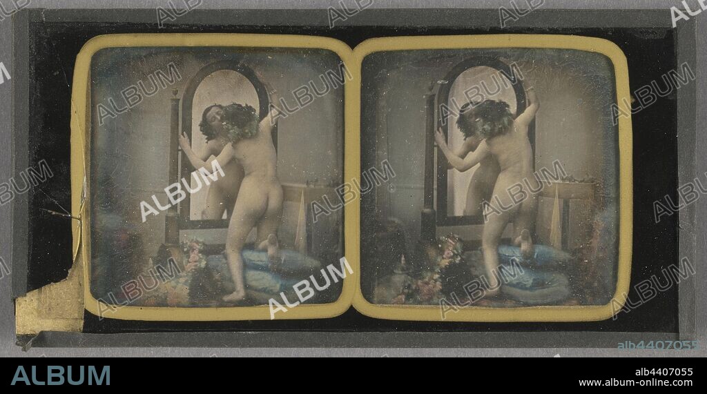 Female Nude kissing her reflection in a mirror, Félix Jacques Moulin (French, 1802 - 1875), about 1854, Stereograph, daguerreotype, hand-colored, 6.5 × 6.4 cm (2 9/16 × 2 1/2 in.).