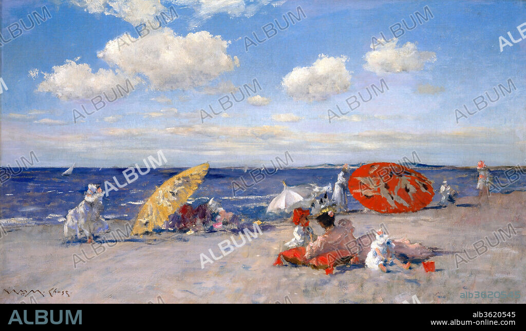 At the Seaside. Artist: William Merritt Chase (American, Williamsburg, Indiana 1849-1916 New York). Dimensions: 20 x 34 in. (50.8 x 86.4 cm). Date: ca. 1892.
Beginning in 1891 Chase taught at a summer art school in Shinnecock, Long Island. The following year, he and his family moved into their new summer home, Shinnecock Hall, which had been designed and built by the well-known firm of McKim, Mead and White. Chase taught at the beach resort until 1902, conducting open-air classes for as many as a hundred students each summer. This work is characteristic of the outdoor scenes that Chase painted during the 1890s on Long Island beaches.