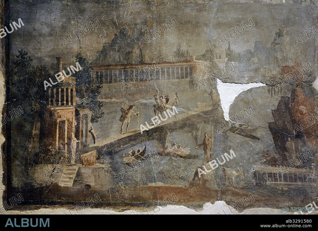 Fresco con la representación de un paisaje con burro y barcas. 50-79 d. C. Procede de Herculano. Museo Arqueológico Nacional. Nápoles. Italia. Fresco depicting a landscape with donkey and boats. 50-79 AD. From Herculaneum. National Archaeological Museum. Naples. Italy.