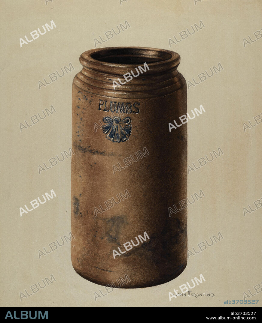 JOHN TARANTINO. Preserve Jar. Dated: c. 1938. Dimensions: overall: 35.7 x 28.4 cm (14 1/16 x 11 3/16 in.)  Original IAD Object: 9" High  4 3/4" Dia(base)  4" Dia(top). Medium: watercolor, graphite, and colored pencil on paperboard.