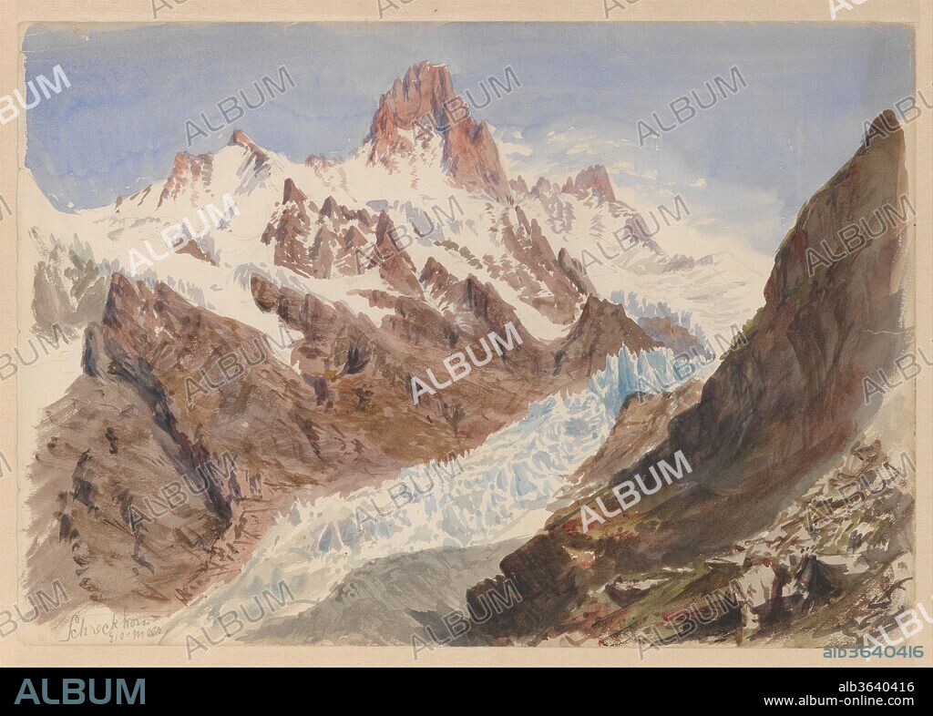Schreckhorn, Eismeer (from "Splendid Mountain Watercolours" Sketchbook). Artist: John Singer Sargent (American, Florence 1856-1925 London). Dimensions: 10 7/8 x 16 in. (27.6 x 40.6 cm). Date: 1870.
The Schreckhorn is one of the three major peaks near Grindelwald, Switzerland, a town Sargent visited at the end of August after passing the month in nearby Mürren. One of the prime scenic attractions of the area is the glaciers that lie between the mountains. Here Sargent depicted a picturesque vista of the Schreckhorn (center) and the Eismeer ("ice sea"). This sheet comes from the Splendid Mountain Watercolours Sketchbook.