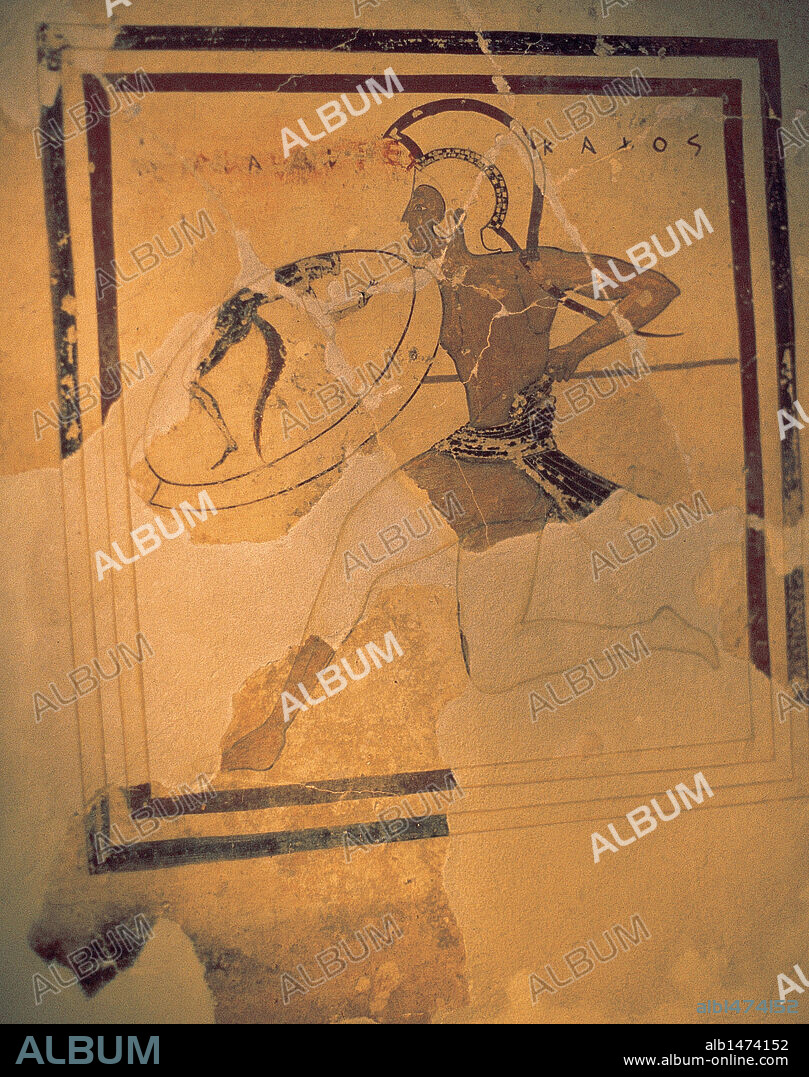 ARTE GRIEGO. EPOCA CLASICA. HOPLITA CORRIENDO. Fresco de estilo ático fechado entre los años 520-510 a. C. Museo de la Acropolis. Atenas. Grecia.