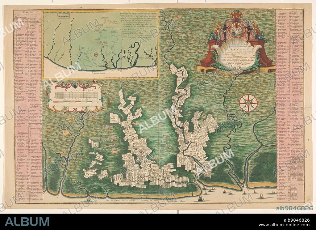 HENDRIK DE LETH. General map of Suriname, 1737-1757. 'Map of the colony or province of Suriname: with the rivers, districts, discoveries by military expeditions and the size of the measured plantations / by burden'. Two sheets stuck together, showing the plantations on the various rivers. Left and right: columns with the names of the owners of the plantations, a total of 519. In the top left: map of the wider area. Left: Cartouche with the scale. At the top right: Cartouche with the title and the coat of arms of Suriname. (Surinam, also unofficially known as Dutch Guiana, was a Dutch plantation colony in South America).