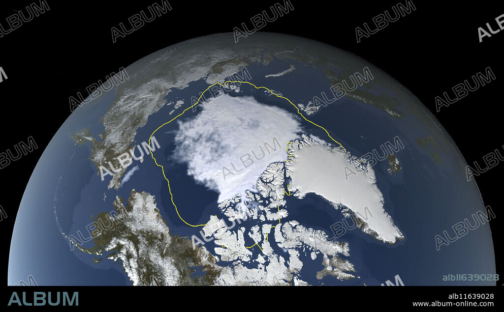 Satellite image showing the Arctic polar ice cap at its annual minimum extent on 11th September 2024. The Arctic sea ice (white, centre) reaches a minimum in September, at the end of the Arctic summer. This minimal ice area is called the perennial ice cover. The perennial ice has been steadily decreasing since satellites began observing it in 1979, at a rate of about 10 percent per decade. The yellow boundary shows the minimum extent averaged over the 30-year period from 1981 to 2010. The 2024 sea ice covers 4.28 million square kilometres and is the 7th lowest sea ice extent since records began. The decrease in perennial ice cover is attributed to climate change. Data from the Japan Aerospace Exploration Agency's Advanced Microwave Scanning Radiometer 2 (AMSR2) instrument aboard the Global Change Observation Mission 1st-Water (GCOM-W1).