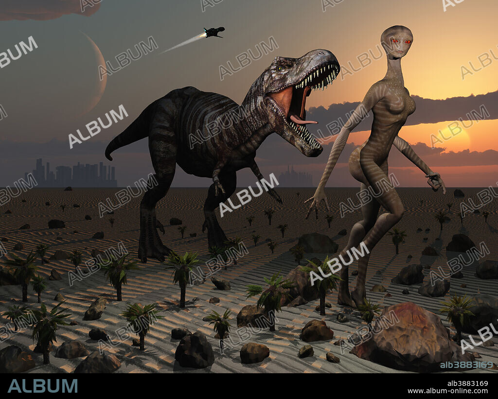 Artist's concept illustrating an alternate Earth where reptoids evolve into the dominant species. The reptoids tame the dinosaurs and control them using telepathy, so it's not uncommon to see the pet T-Rex being taken out for a walk now and then.