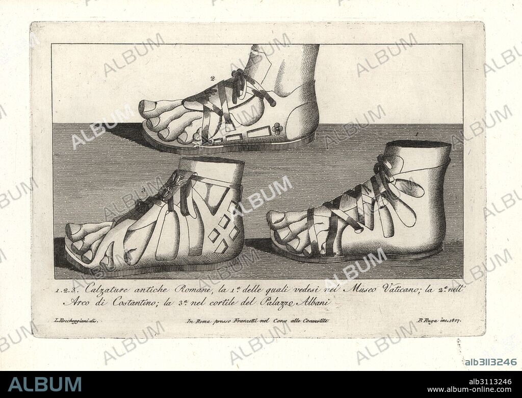 Ancient Roman footwear. Sandal from the Vatican Museum 1, from the Arch of Constantine 2, and from the courtyard of the Palazzo Albani 3. Copperplate engraving by Pietro Ruga after an illustration by Lorenzo Rocceggiani from his own 100 Plates of Costumes Religious, Civil and Military of the Ancient Egyptians, Etruscans, Greeks and Romans, Franzetti, Rome, 1802.