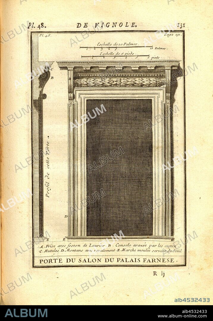 Salon door of the Palais Farnese, Door to the salon in the Palazzo Farnese in Rome, pl. 48, p. 131, 1720, Augustin-Charles d'Aviler: Cours d'architecture: qui comprend les ordres de Vignole, avec des commentaires, les figures & descriptions de ses plus beaux bâtimens, & de ceux de Michel-Ange, plusieurs nouveaux desseins, ornemens & préceptes, contenant la distribution, la décoration, la matière & la construction des édifices, la maçonnerie, la charpenterie, la couverture, la serrurerie, la menuiserie, le jardinage & tout ce qui regarde l'art de bâtir: avec une ample explication par ordre alphabetique de tous les termes. A Paris: chez Jean Mariette, MDCCXX [1720].