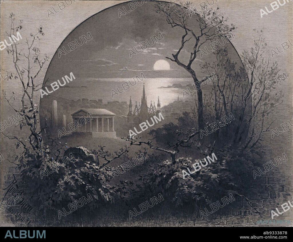 View from Greenwood Cemetery, Brooklyn, Rudolph Cronau, American, born Germany, 1855-1939, Watercolor and black ink on cream, moderately thick, smooth textured wove paper mounted to pulpboard, 1881, 7 13/16 x 9 3/4 in., 19.8 x 24.8 cm, 19th century, american, American watercolor, archway, brooklyn, burial, cemetery, creepy, dead, death, german-american, gothic, greenwood cemetery, Halloween, harbor, haunted, John Anderson, mausoleum, moon, nature, New York City, old brooklyn, old new york, pulpboard, Rudolph Cronau, spooky, sunset, temple, tomb, tombstone, trees, Victorian, watercolor, wove paper.