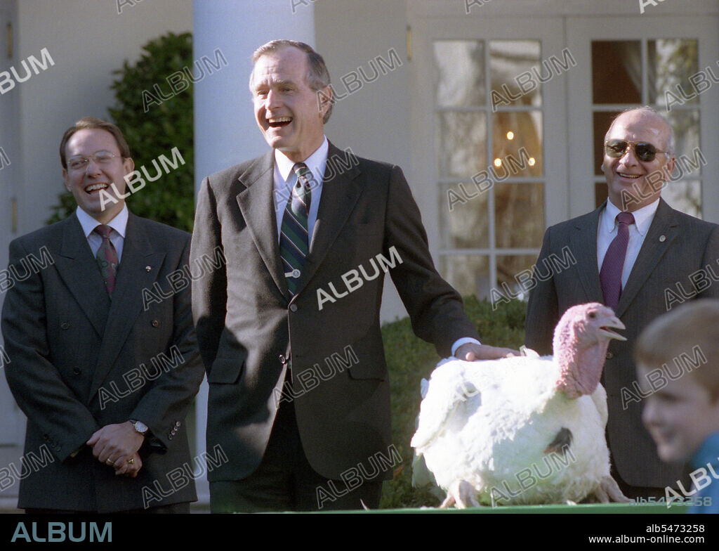 President Bush participates in the presentation and pardoning of the National Thanksgiving Turkey in the Rose Garden of the White House.  His grandson, Sam Leblond, pets the turkey during the ceremony. 14 November 1990 .