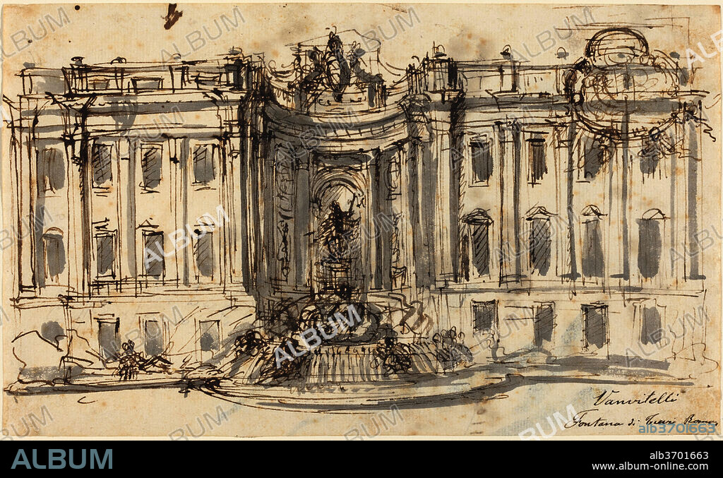 LUIGI VANVITELLI. Proposal for the Trevi Fountain. Dated: 1730/1732. Dimensions: overall: 14.5 x 24 cm (5 11/16 x 9 7/16 in.). Medium: pen and brown ink with gray wash on laid paper.