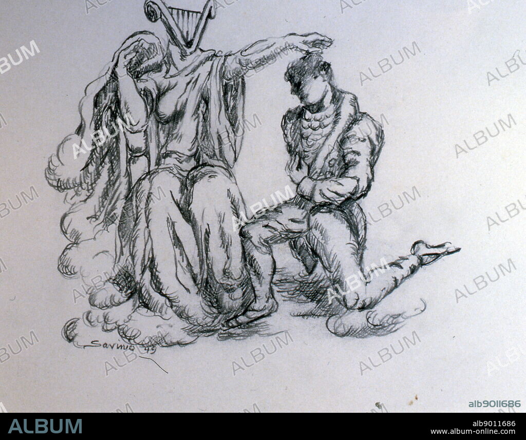 design by Alberto Savinio for the Tales of Hoffmann by Offenbach. Alberto Savinio (1891 - 1952) was an Italian writer, painter, musician, journalist, essayist, playwright, set designer and composer.