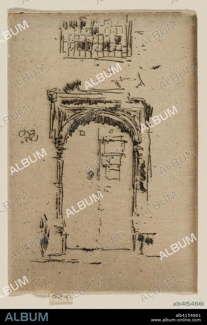 JAMES ABBOTT MCNEILL WHISTLER. Church Doorway, EdgwareImpression: Art Institute of ChicagoArt Institute of Chicago(1924.659)Church Doorway, Edgware. James McNeill Whistler; American, 1834-1903. Date: 1887-1888. Dimensions: 99 x 67 mm (image, trimmed within plate mark); 102 x 67 mm (sheet). Etching in black ink on cream laid paper. Origin: United States.