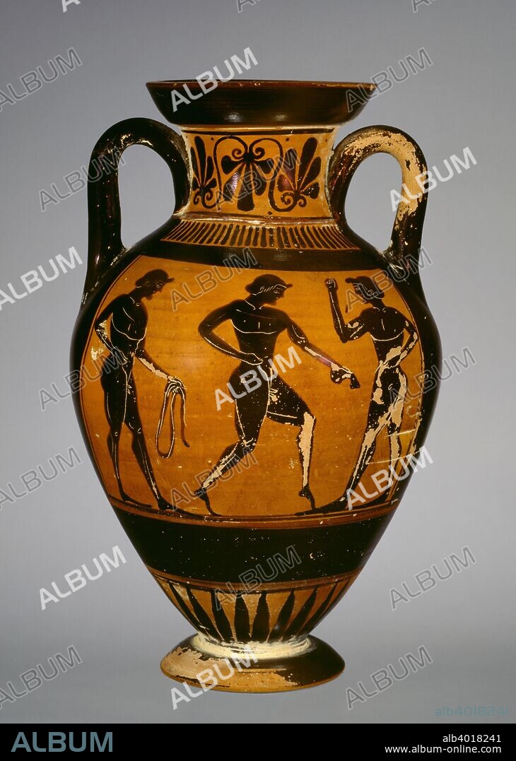 Panathenaic amphora with armed Athena (A) and three athletes (B), early 5th century BC. Athenian black-figure Panathenaic amphora; (A) Athena Promachos; (B) athletes. Dimensions: height: 26 cm.