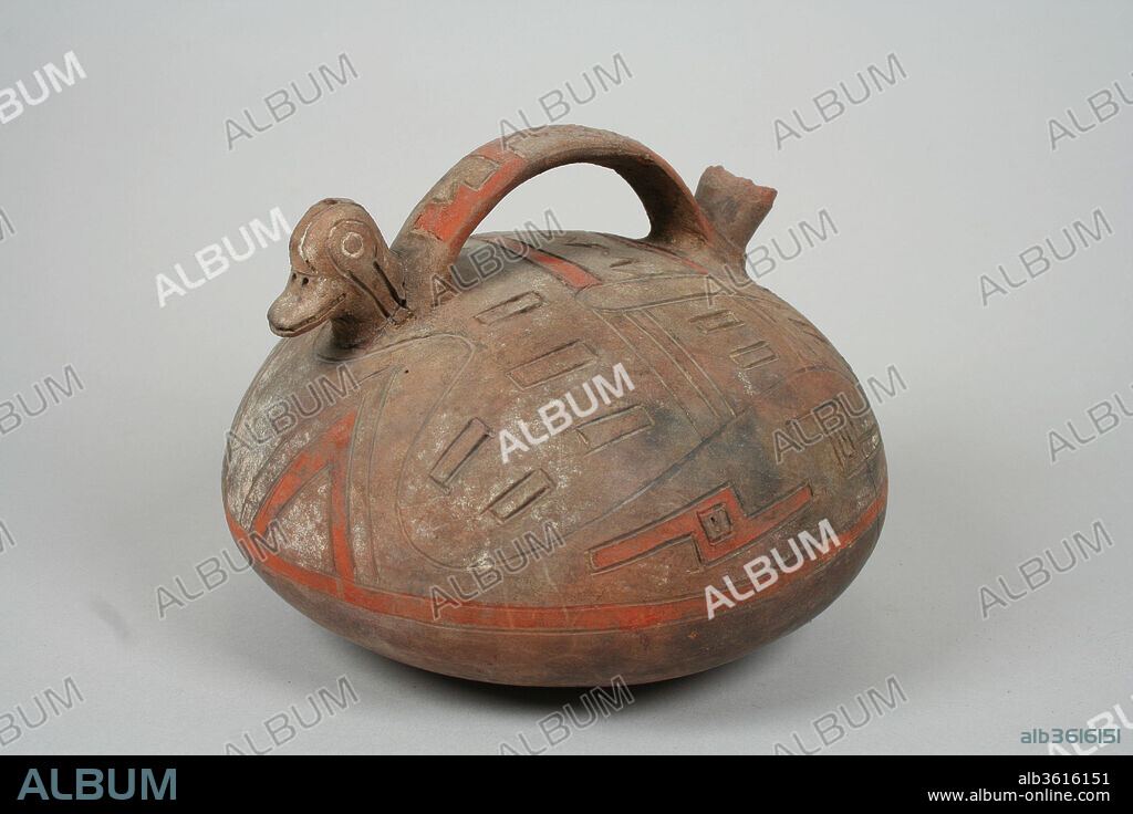 Double Spout and Bridge Bottle with Bird. Culture: Paracas. Dimensions: Height 5-5/8 in.. Date: 5th-2nd century B.C..