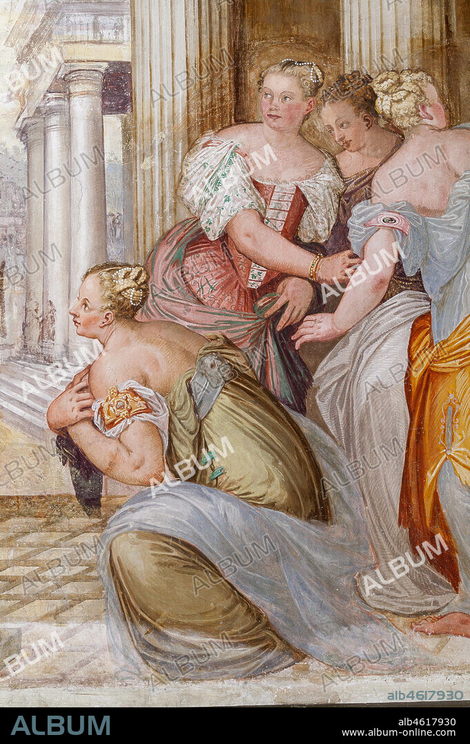 Thiene, Villa Porto Colleoni (also known as Castle in Thiene), Camerone: "The Clemency of Scipio", frescoes by Giovanni Antonio Fasolo (c. 1560-1565). Detail with female figures.