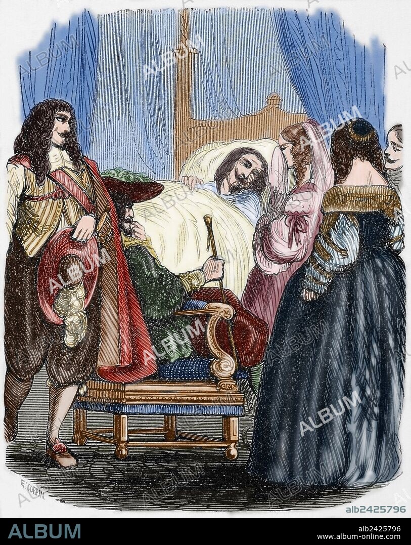 LUIS XIII DE FRANCIA, llamado "el Justo" (1601-1643). Rey de Francia, Navarra y copríncipe de Andorra. "MUERTE DE LUIS XIII". Grabado por E. Coppin. "Biblioteca Universal", 1851. Coloreado.