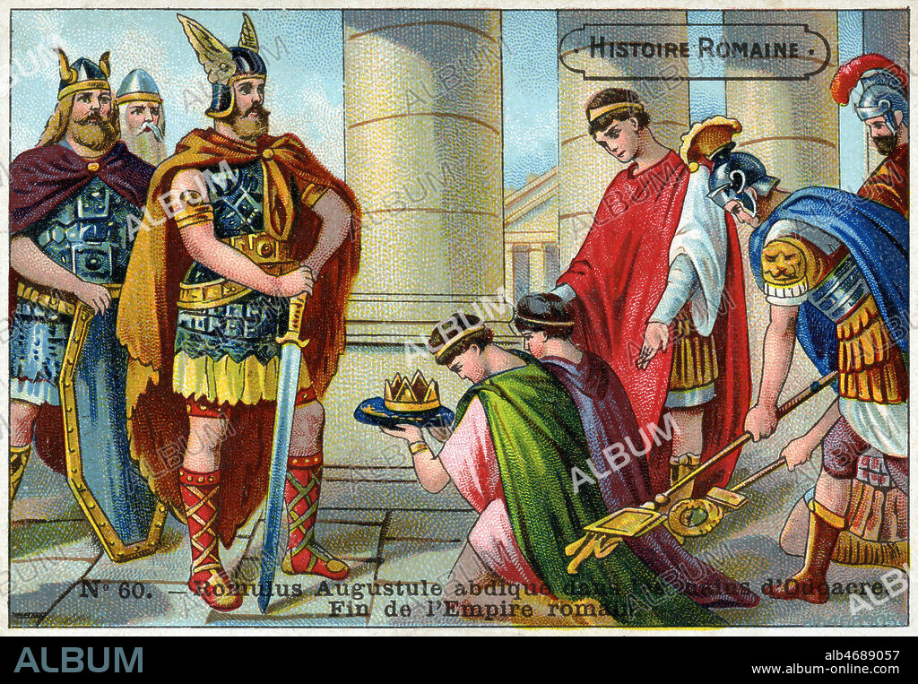 Romulus Augustule depose les insignes imperiaux dans les mains d'Odoacre le barbare (433-493) , probablement d'origine sikre, allies des Huns) qui fait partie des contingents militaires barbares. Fin de l'Empire romain. Illustration anonyme vers 1890 pour un chromo publicitaire de la serie Histoire romaine. Credit : Coll. Jonas/KHARBINE-TAPABOR.