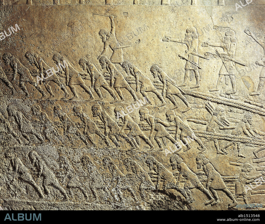 Assyrian civilization. Relief depicting slaves pulling a colossal statue. Detail.