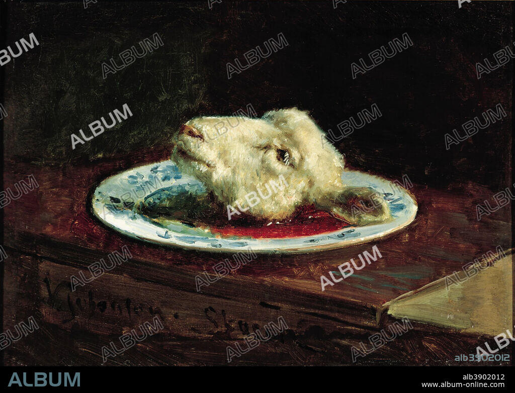 VIGGO JOHANSEN. Lamb's head on a plate. Date/Period: 1880. Width: 53 cm. Height: 37 cm (Without frame).