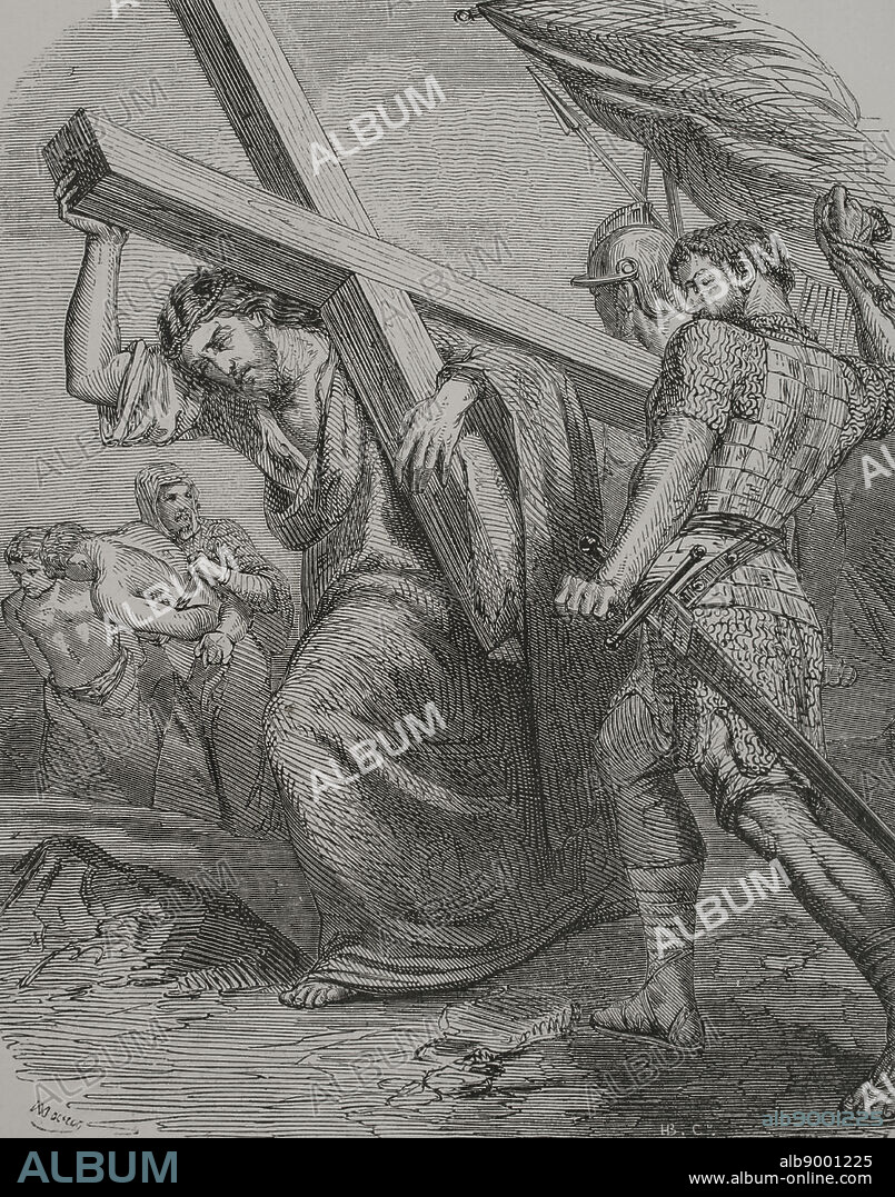 Nuevo Testamento. La Pasión de Cristo. La cuesta del Calvario. Grabado. "Los Héroes y las Grandezas de la Tierra". Tomo I. 1854.