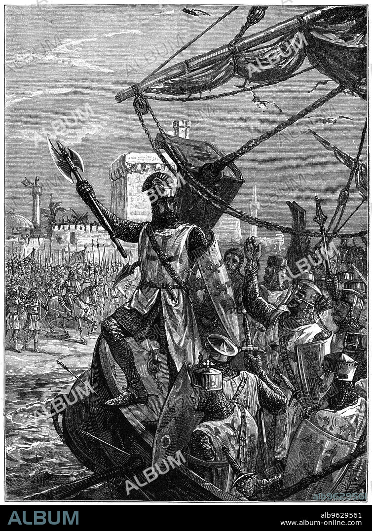 WILLIAM HEYSHAM OVEREND. Richard I, Coeur de Lion landing at Jaffa (Joppa), September 1191, (c1880). Richard the Lionheart (1157-1199) was the eldest son of Henry II and Eleanor of Aquitaine, and second  Angevin (Plantagenet) king of England, (1189-1199).   During the Third Crusade (1189-1192) Richard led the crusaders against the great Muslim leader, Saladin. Richard is reported to have jumped into the water crying Cursed for ever be he who follows me not! Richard held Jaffa until July 1192  when it fell to Saladin. Richard recaptured it on 31 July, and in September Richard and Saladin signed the Treaty of Jaffa guaranteeing a three-year truce.