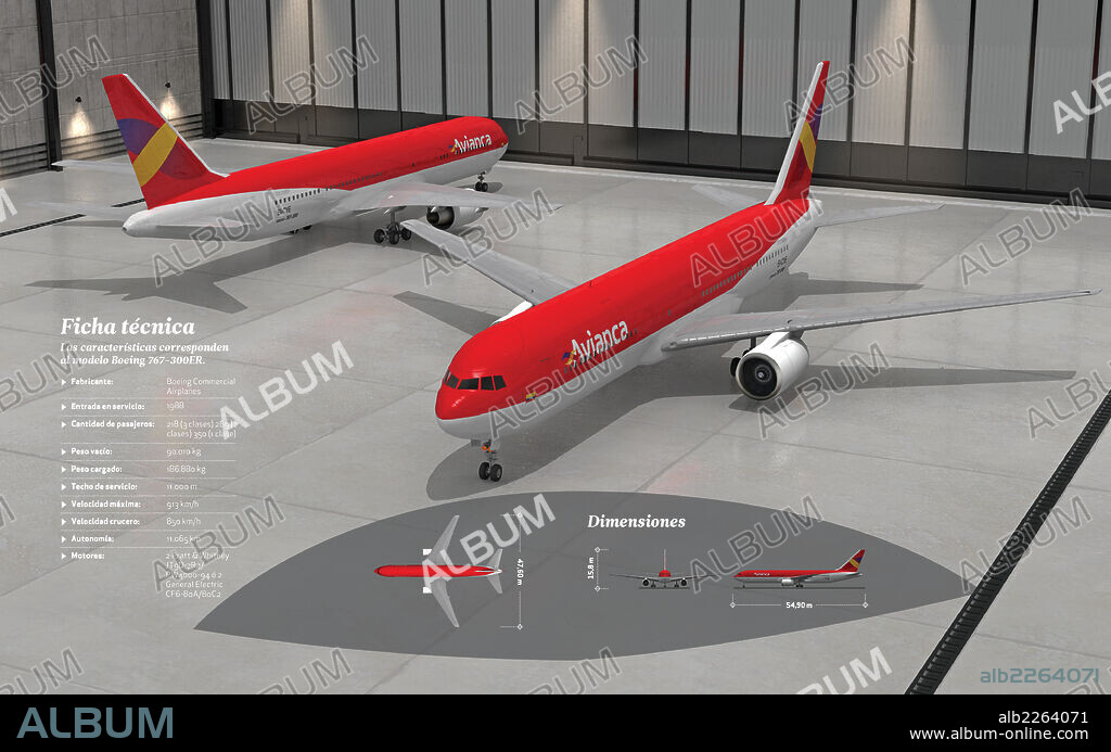 Boeing 767 300 ER. Infografía de las características técnicas del modelo de avión comercial de Boeing 767-300ER, que entró en servicio en 1988.