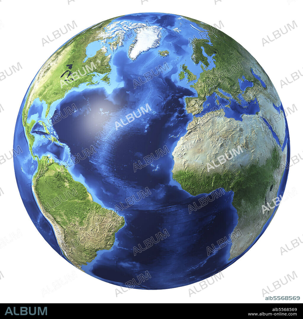 3D rendering of planet Earth with clouds, centered on the Atlantic Ocean, with North America, South America, Africa and Europe partially visible.