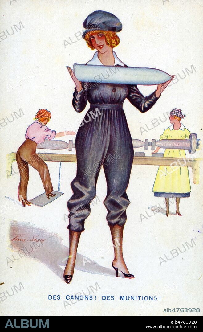 'Des canons ! Des munitions !' : belle femme portant un obus. Illustration par Xavier SAGER pour un carte postale vers 1917. Credit : Collection IM/KHARBINE-TAPABOR.