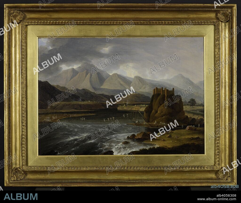 THOMAS DANIELL. Rope bridge over the Alakananda river at Srinagar, Garhwal, U.P. The old town (since washed away by floods from the bursting of the Gohna lake in 1904) occupies the centre of the picture, but is partially hidden by the rock in the foreground. It was once the capital of Garhwal and the residence of the Rajas. On the opposite bank of the Alaknanda (spanned by a rope bridge 240 feet long) is the village of Ranihat. 1808. Oil painting. 17 by 24 ins. Source: Foster 577.