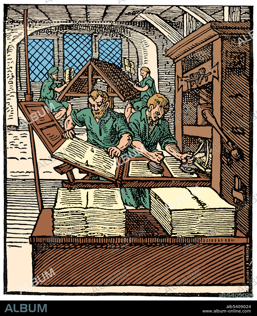 Woodcut of medieval tradesmen working at a 16th-century printing press. The printers are in the foreground; in the background, two compositors work on typesetting and preparing the printing blocks. Illustration from Jost Amman's Book of Trades, 1568. Colorized.