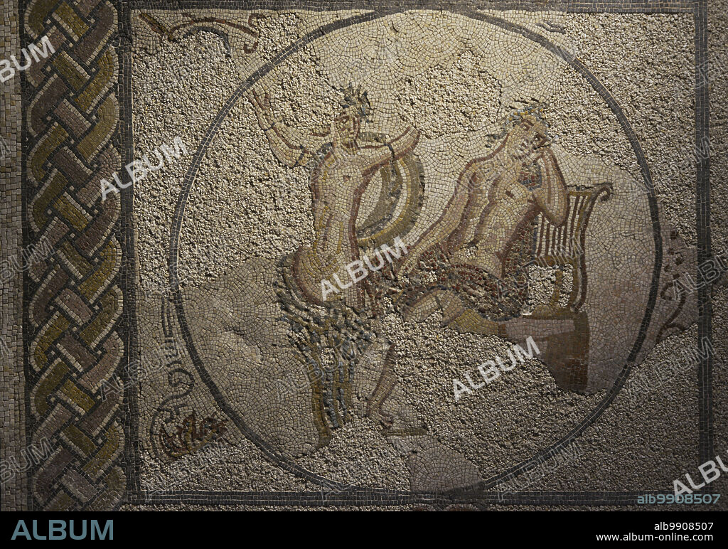 Apollo and Daphne. Roman mosaic panel. 3rd-4th centuries AD. Detail. From Torre de Palma Lusitan-Roman villa, Monforte, Portalegre district, Portugal. National Archaeology Museum. Lisbon, Portugal.