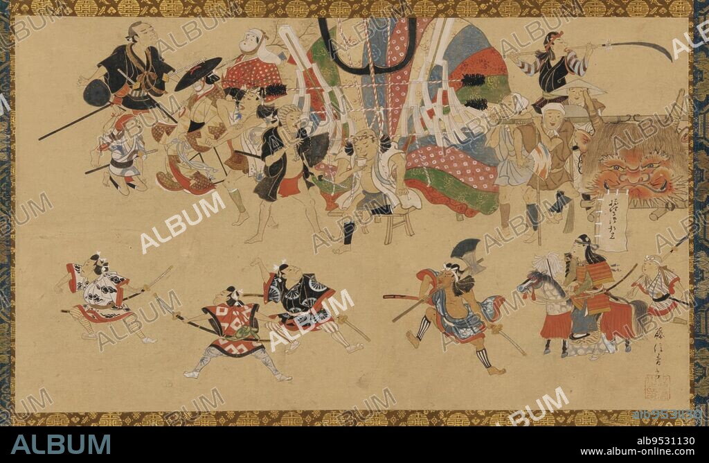 YAMAMOTO FUJINOBU. Street scene during a festival. Full color. Signature and one seal. Paper kakemono. Origin: Japan. Period: Edo period. Ink and color on paper. Date: ca. 1750-70.