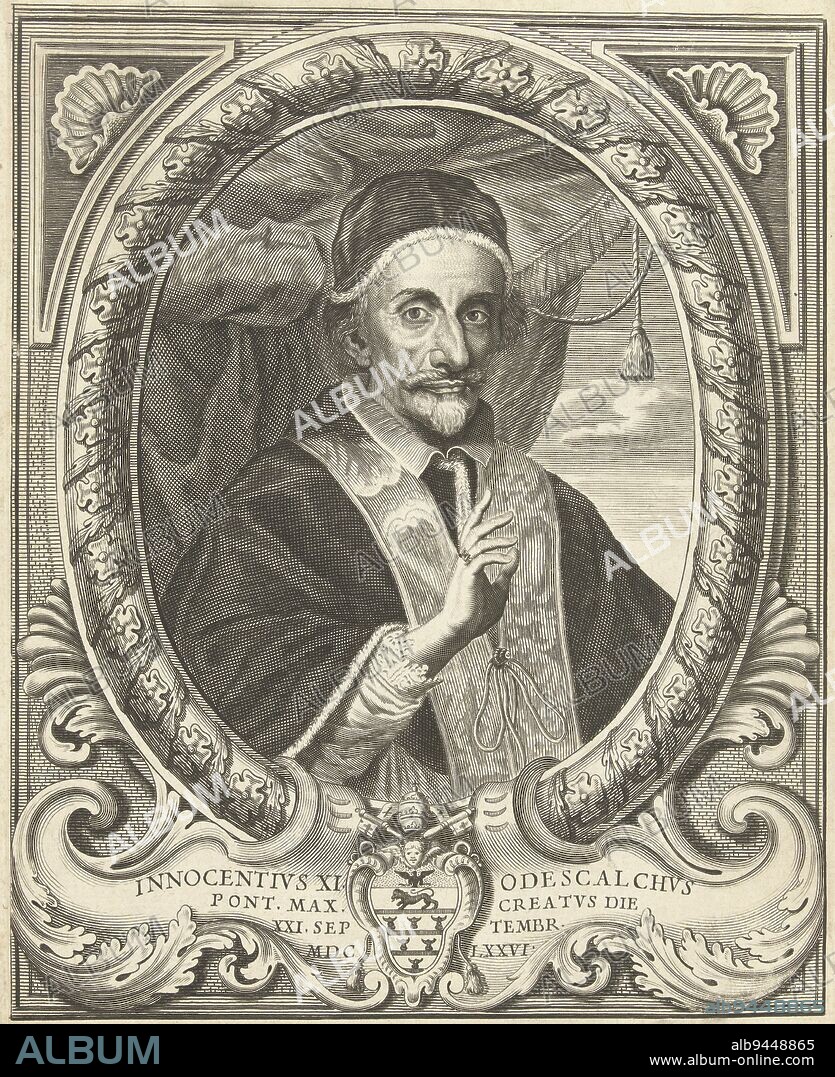 Portrait in oval frame of Pope Innocent XI Bust to the right Center bottom a cartouche with the coat of arms of Innocent XI, Portrait of Innocent XI, print maker: Albertus Clouwet, (mentioned on object), Albertus Clouwet, publisher: Giovanni Giacomo de'Rossi, (mentioned on object), Rome, 1676 - 1679, paper, engraving, h 246 mm × w 186 mm.