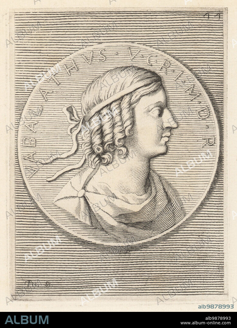 Septimius Vaballathus, c. 259-274 AD, child emperor of the Palmyrene Empire under his regent mother Septimia Zenobia. Head of a boy in royal diadem. Bust from a bronze coin. Vabalato. Vabalathus V C R IM D R. Copperplate engraving by Etienne Picart after Giovanni Angelo Canini from Iconografia, cioe disegni d'imagini de famosissimi monarchi, regi, filososi, poeti ed oratori dell' Antichita, Drawings of images of famous monarchs, kings, philosophers, poets and orators of Antiquity, Ignatio deLazari, Rome, 1699.