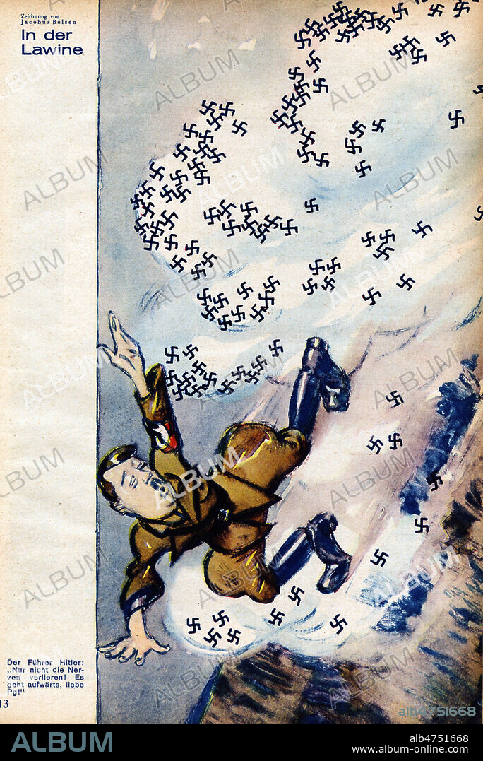 'in der Lawine' - Hitler pris dans une avalanche de croix gammees. Caricature de Jacobus BELSEN ( 1870-1937) pour Der Wahre Jacob du 5/12/1931. annees 30. Credit : Coll. Dixmier/KHARBINE-TAPABOR.