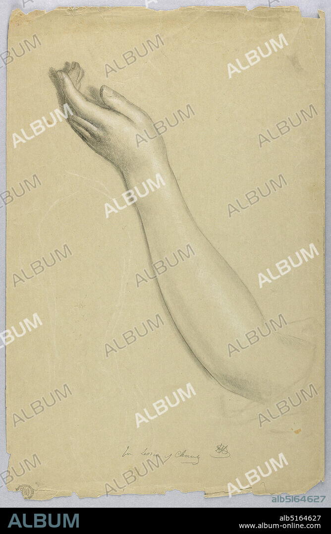 Study of Left Hand for 'Lesson of Charity', Daniel Huntington, American, 18161906, Graphite, black crayon, white chalk on grey wove paper, Left hand and forearm outstretched. Verso: Young woman in left profile, walking with arms outstretched., USA, 1850, figures, Drawing, Drawing.