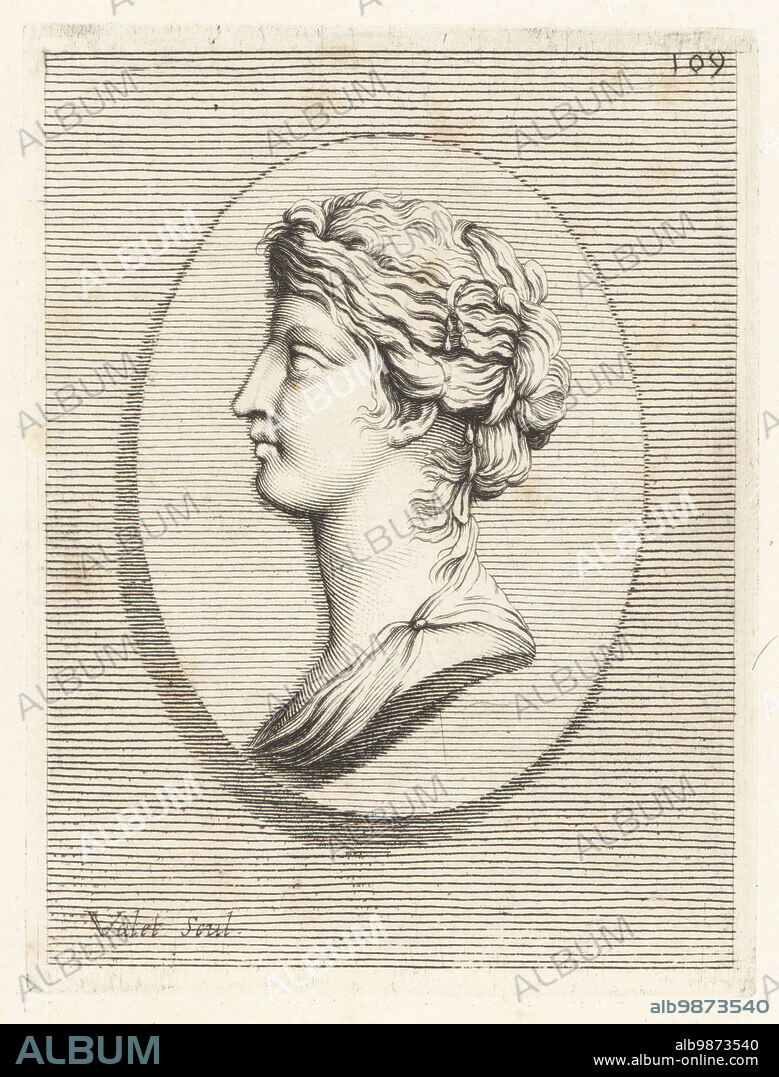 Profile bust of a young noble woman with her long hair plaited in an intricate hairstyle tied with pearls. From an oval gem. Copperplate engraving by Guillaume Vallet after Giovanni Angelo Canini from Iconografia, cioe disegni d'imagini de famosissimi monarchi, regi, filososi, poeti ed oratori dell' Antichita, Drawings of images of famous monarchs, kings, philosophers, poets and orators of Antiquity, Ignatio deLazari, Rome, 1699.