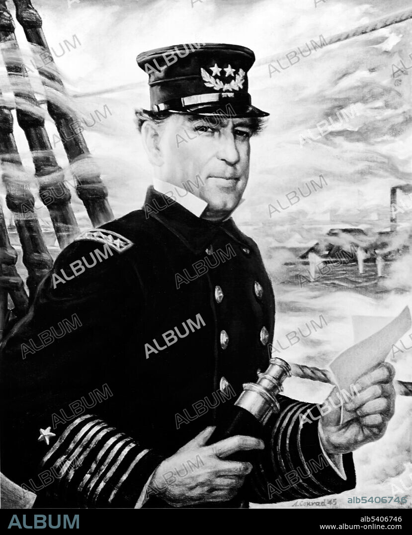 In uniform of Rear Admiral. David Glasgow Farragut (July 5, 1801 - August 14, 1870) was a flag officer of the United States Navy during the American Civil War. He was the first rear admiral, vice admiral, and admiral in the USN. He is remembered for his order at the Battle of Mobile Bay usually paraphrased as "Damn the torpedoes, full speed ahead". Farragut's naval career began as a midshipman when he was nine years old, and continued for 60 years until his death at the age of 69. He remained on active duty for life, an honor accorded to only seven other USN officers after the Civil War. (cropped and cleaned).