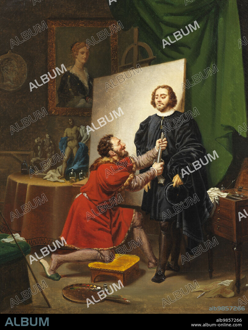 PIERRE NOLASQUE BERGERET. Pietro Aretino in the Studio of Tintoretto, 1822. Scene depicting an interaction between the artist Tintoretto (left), and the literary critic and satirist Pietro Aretino, two cultural figures of sixteenth century Venice. Tintoretto feigns violence towards Aretino, whom he had invited to his studio to sit for a portrait, by holding a gun below his face. Aretino momentarily fears danger before recognising the gesture as Tintoretto's playful revenge for Aretino's criticism of his work.