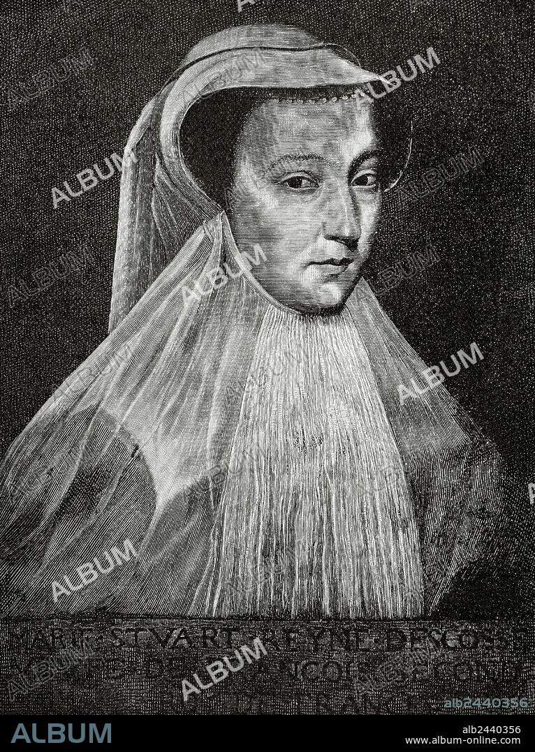 MARIA I ESTUARDO (Linlithgow, 1542-Fotheringay, 1587). Reina de Escocia (1542-67), hija de Jacobo V. Tras su matrimonio con Francisco II de Francia, ocupó a su lado el trono de Francia (1559). Retrato. Grabado por E. Krell. Historia Universal, 1885. Retrato original de María Estuardo con traje de viuda, de F. Clouet, siglo XVI.