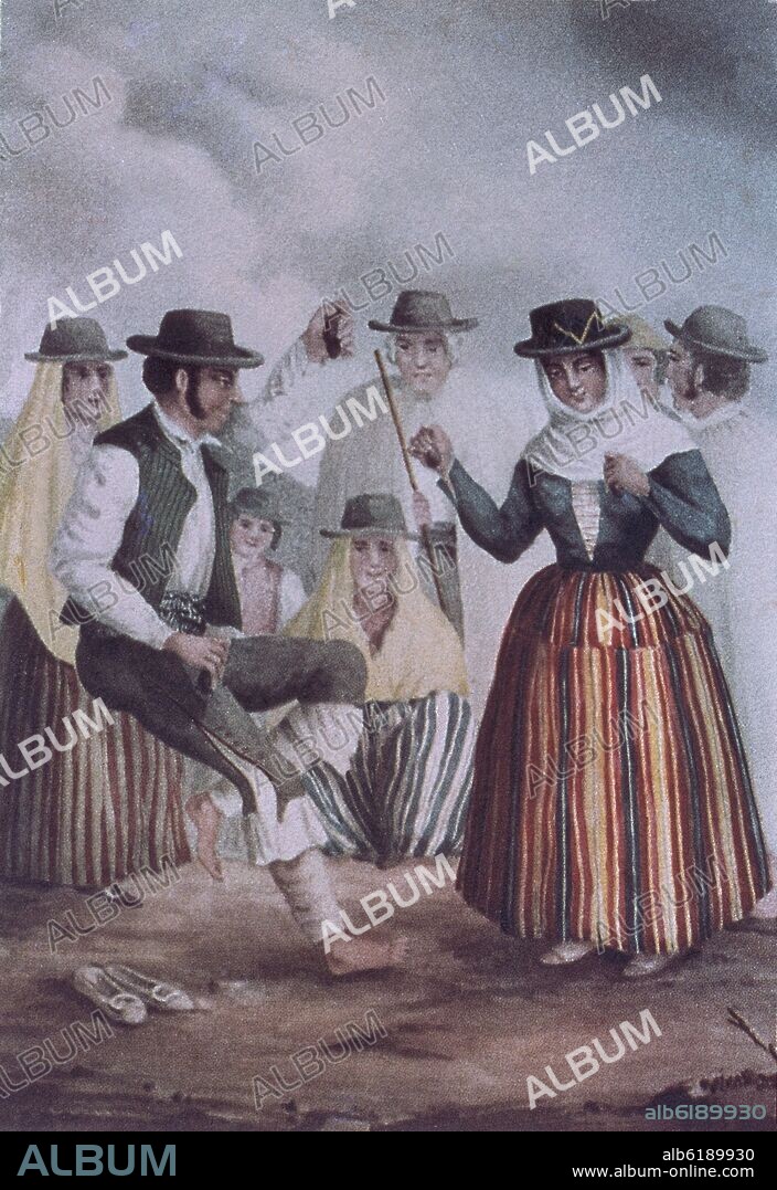 CAMPESINOS CANARIOS BAILANDO - GRABADO - SIGLO XIX.