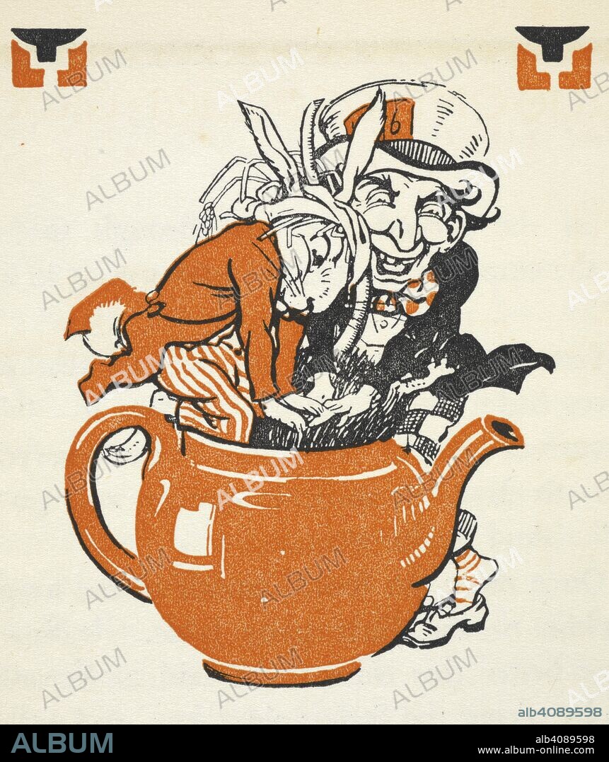 LEWIS PSEUD. [I. E. CHARLES LUTWIDGE DODGSON] CARROLL and GWYNEDD M. HUDSON. Illustration of the Mad Hatter and the Mad March Hare climbing into a tea pot. Alice's adventures in wonderland / by Lewis Carroll ; illustrated by Gwynedd M. Hudson. [London?] : Hodder and Stoughton, [1922?]. Source: YA.1997.b.4119 page 104 detail.