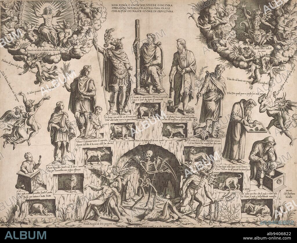 Male life staircase, Nine male figures of ages I-LXXX on the life staircase are associated with certain vices, represented by nine animals. Below that an allegory of death with an angel and devil with a saved and damned soul. At top left Christ surrounded by angels, at right the devil surrounded by personifications of sins., print maker: Cristofano Bertelli, (mentioned on object), Italy, c. 1560, paper, engraving, height 393 mm × width 514 mm.
