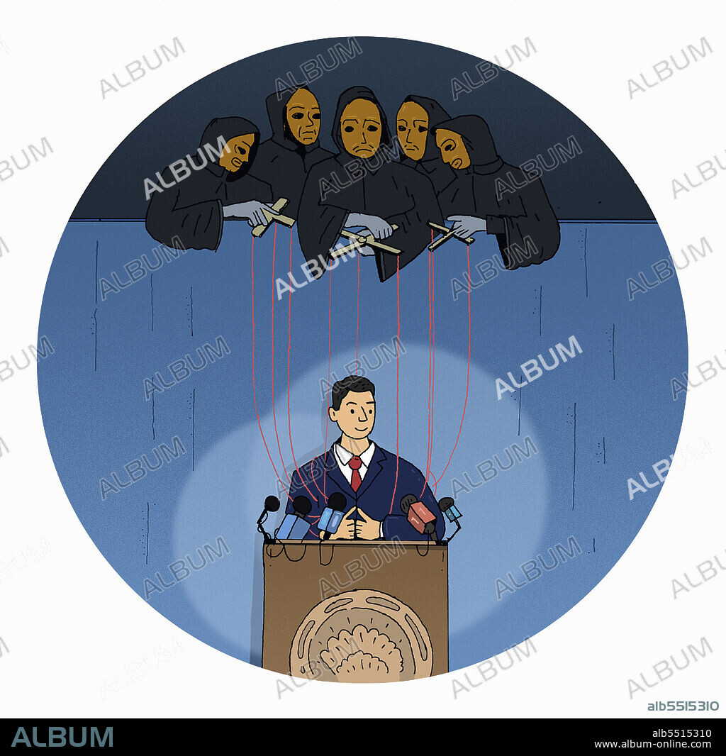 Puppet politician at podium controlled by masked men.