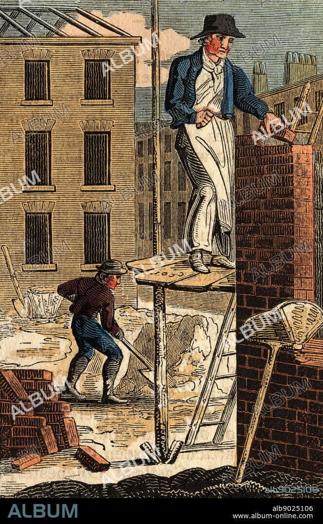 'The Brick Layer standing on a wooden scaffold, building the wall of a house. Leaning against the wall is a hod for carrying bricks or mortar. Hand-coloured woodcut from ''The Book of English Trades'', London, 1823.'.