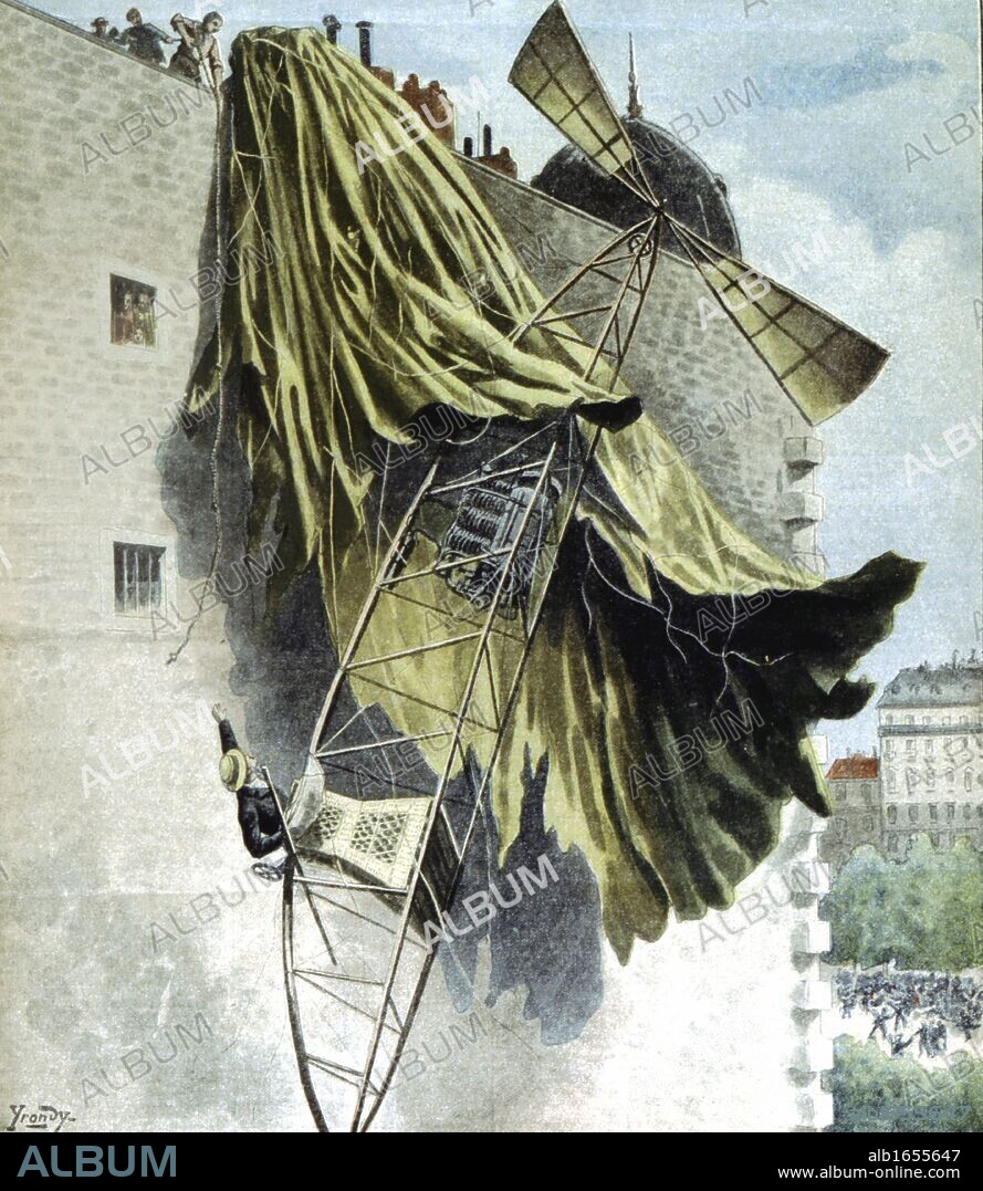 Alberto Santos-Dumont (1873-1932) Brazilian aeronaut: dirigibles and aeroplanes. Santos-Dumont coming to grief in his airship on roof of house in Quai de Passy, Paris, on an unsuccessful attempt at the Deutsch Prize. From  "Le Petit Journal", Paris, 25 Au.
