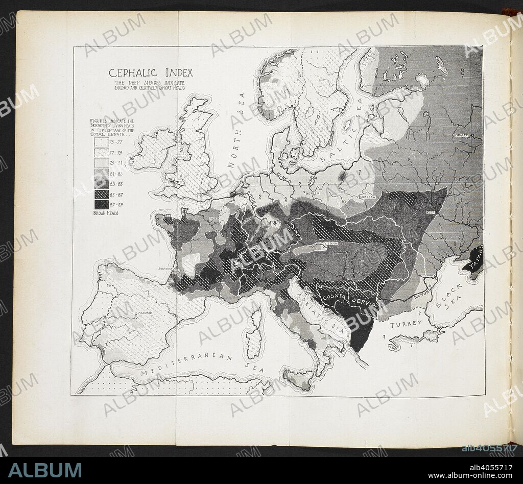 ANON and WILLIAM Z. RIPLEY. Cephalic Index of Europe. The Races of Europe: a sociological study. Lowell Institute Lectures ... Accompanied by a supplementary bibliography of the anthropology and ethnology of Europe, published by the Public Library of the City of Boston. New York : D. Appleton & Co., 1899. Source: W49/4706 facing p.53.
