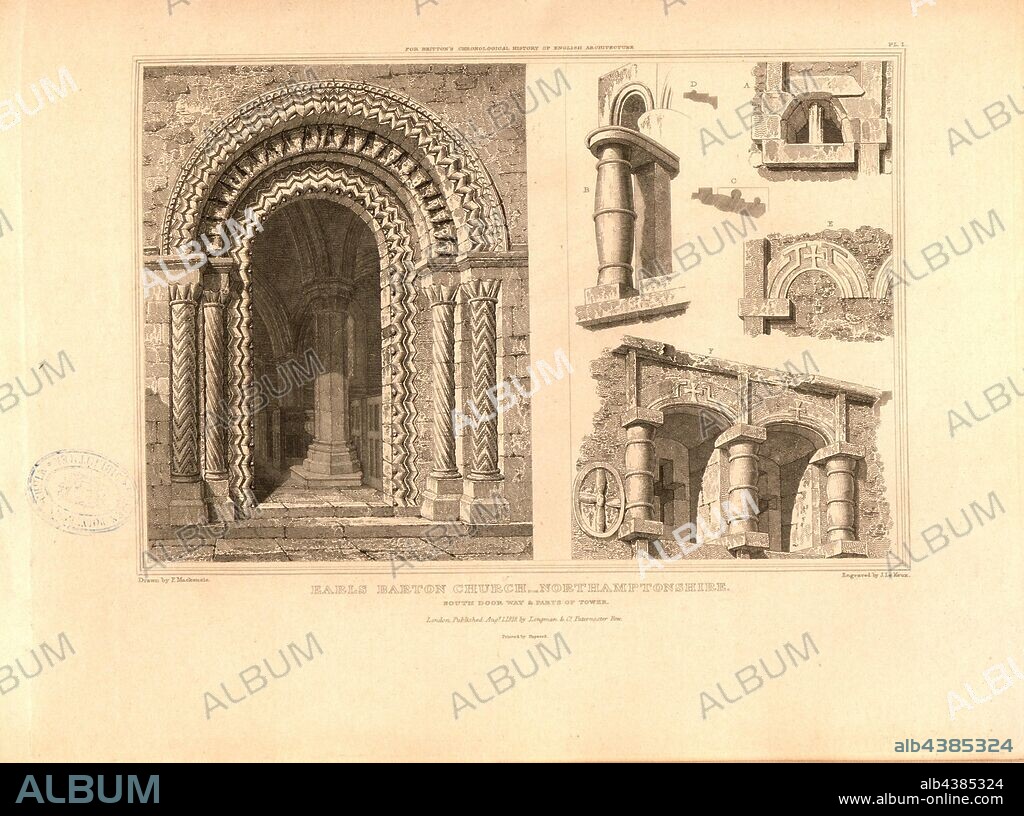 Earls Barton Church: Northamptonshire, south door way, Details of All Saint's Church at Earl's Barton in Northamptonshire, signed: Drawn by F. Mackenzie; Engraved by J. Le Keux; Published by Longman & Co, Fig. 4, Pl. I, after p. 260, Mackenzie, F. (drawing); Keux, John Le (engraving); Longman & Co. (published), 1818, John Britton: The architectural antiquities of Great Britain: represented and illustrated in a series of views, elevations, plans, sections and details of various ancient English edifices: with historical and descriptive accounts of each. Bd. 5. London: J. Taylor, 1807-1826.
