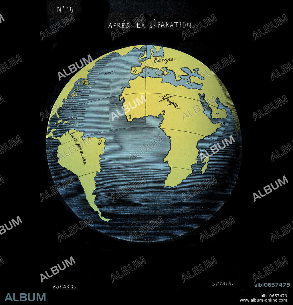 Snider-Pellegrini geological theory. Map of the continents before their separation, as depicted in 1858 by the French geographer Antonio Snider-Pellegrini. The map shows how the coastline of the Americas fits those of Europe and Africa. Snider-Pellegrini's theory was that the continents were created by God in this form, and were then separated by a volcanic explosion on the sixth day of creation. The idea that there was once a single supercontinent was not a new one, but the first modern theory of continental drift was that of Wegener, published in 1912. Map published in La Creation et ses Mysteres devoiles (Creation and its Mysteries Unveiled, 1858, Paris). This image has been colour enhanced.